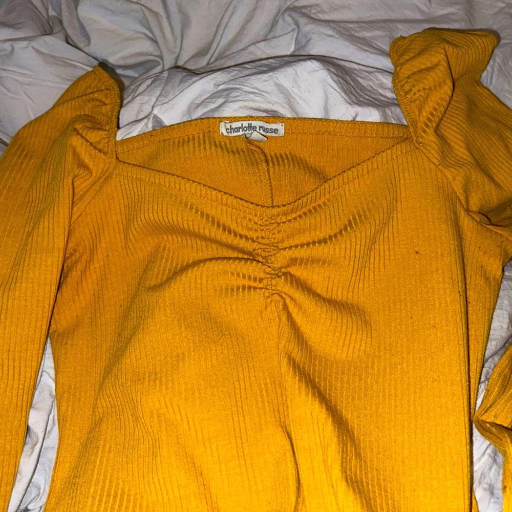 Charlotte Russe yellow body-con dress with scrunch shoulders and long sleeves